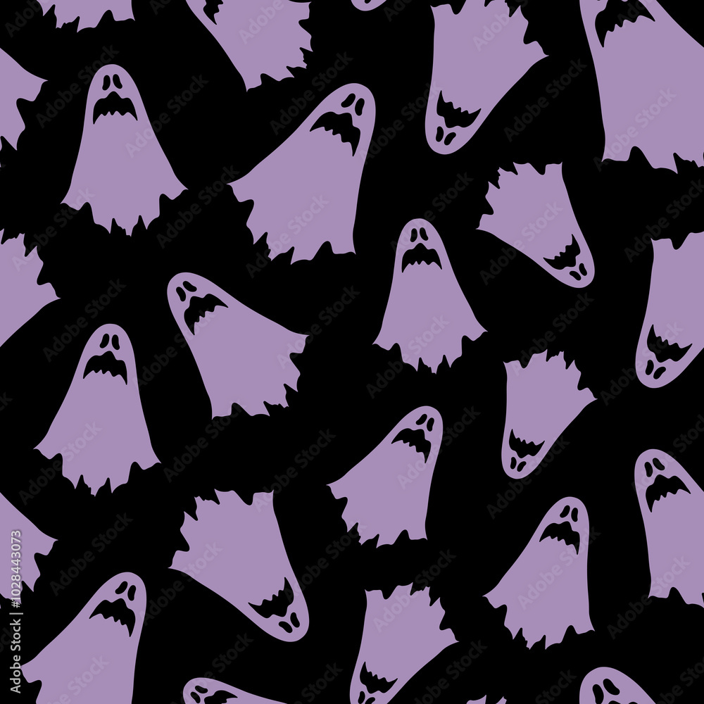 Fototapeta premium A seamless pattern of Purple scary ghosts floating through the air. For print, pattern, texture, textile, wrapping paper, card and poster. 