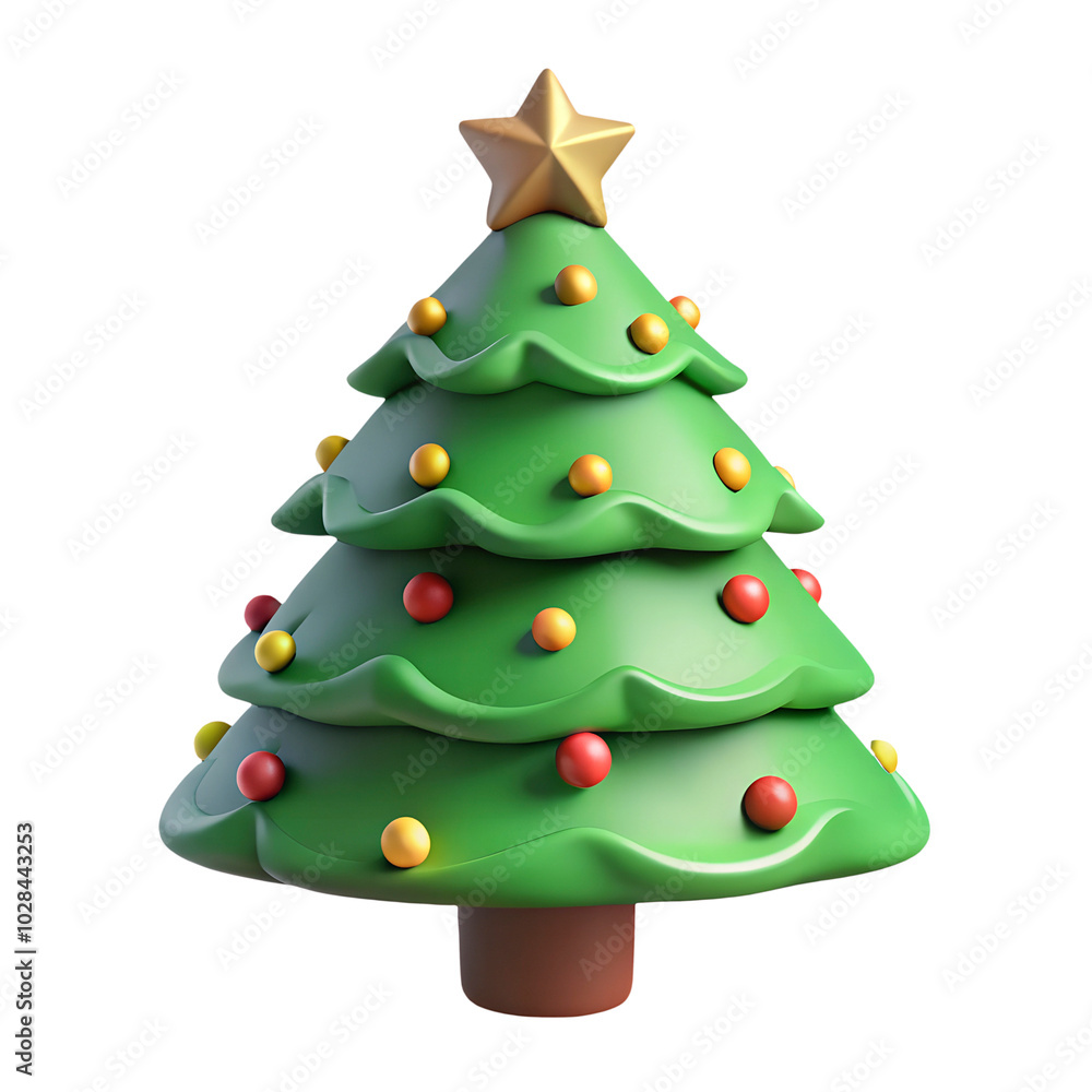 A three-dimensional green Christmas tree illustration with festive ornaments on a bright background, perfect for holiday banners and winter designs. Ideal for Christmas cards, decorations. A three-dimensional green Christmas tree illustration with festive ornaments on a bright background, perfect for holiday banners and winter designs. Ideal for Christmas cards, decorations.