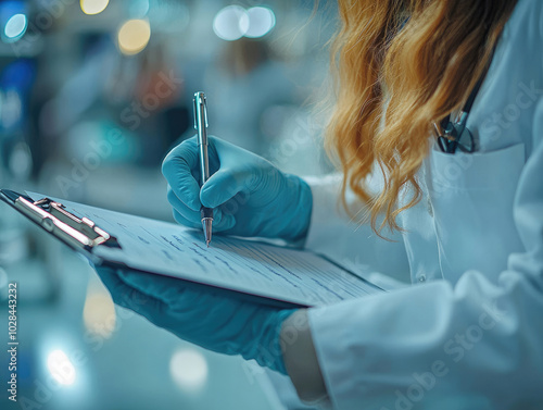 Doctor Writing Notes on Clipboard in Medical Setting