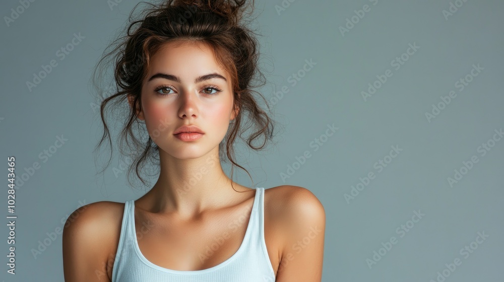 Beautiful Woman in White T-Shirt Women's Breast Dark Background Breast Cancer Support, prevention, mammography, screening, oncology, cancer treatment Beautiful Woman in White T-Shirt Women's Breast Dark Background Breast Cancer Support, prevention, mammography, screening, oncology, cancer treatment