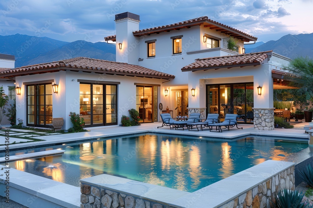 Obraz premium Stunning Spanish-style home in Palm Springs, California, featuring a pool and patio with white walls, tan roof, outdoor living and dining areas, stone accents, and decorative lighting, set against a m