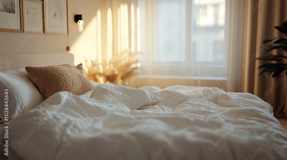 A white bed with white linens and pillows, with sunlight streaming through the window. A white bed with white linens and pillows, with sunlight streaming through the window.