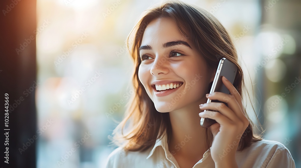 Cheerful Young Woman Speaking on Smartphone in Sunlit Setting Cheerful Young Woman Speaking on Smartphone in Sunlit Setting