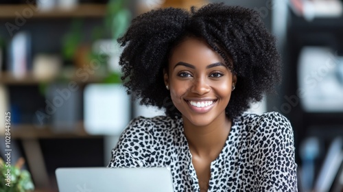 Photo of cheerful pretty cute nice girlfriend having been employed to job as executive smiling toothily sitting at desktop with laptop noting down important information