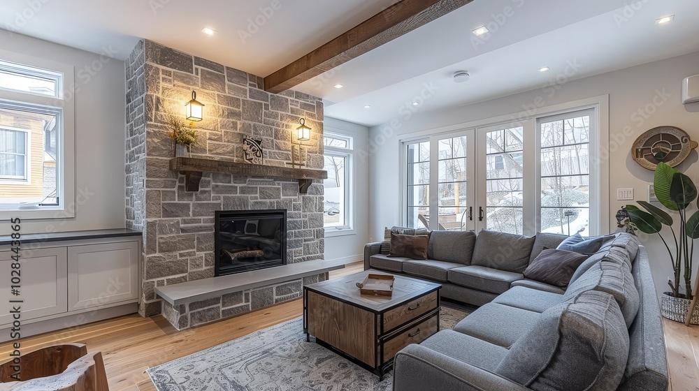 Fototapeta premium Cozy living room featuring a stone fireplace, white walls, and grey couches, showcasing modern home interior design for a warm and inviting living space.