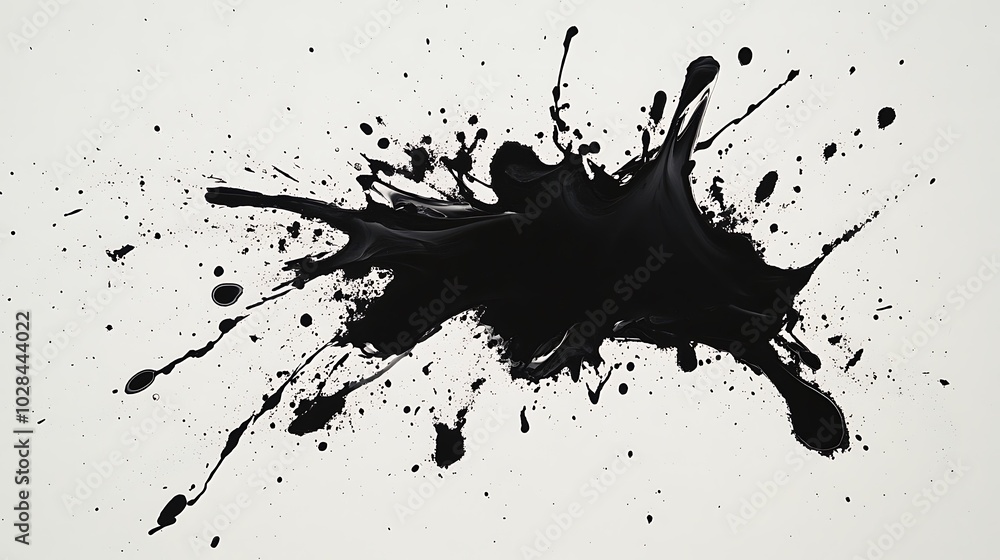 Dramatic Black Paint Splash on White Background with Splatters Dramatic Black Paint Splash on White Background with Splatters