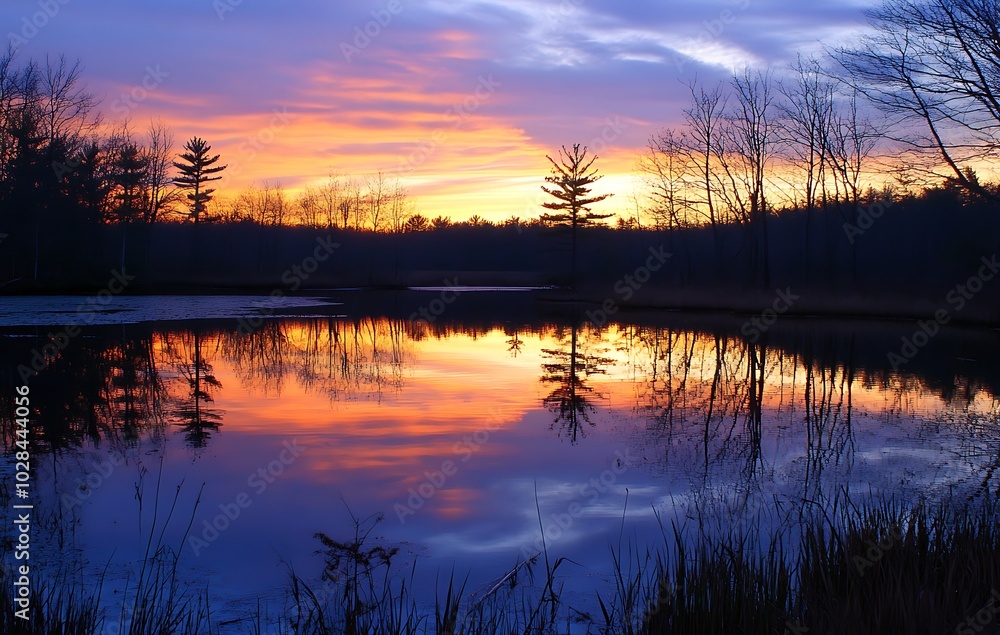 A serene lake reflecting the vibrant colors of an evening sunset A serene lake reflecting the vibrant colors of an evening sunset