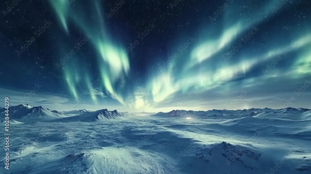 Naklejka premium Aurora borealis over a snowy landscape, display of the northern lights dancing across the night sky