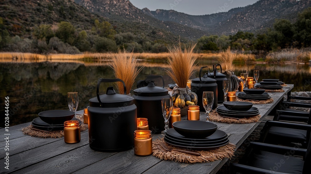 Elegant Outdoor Dining Setup by Scenic Water Body Elegant Outdoor Dining Setup by Scenic Water Body