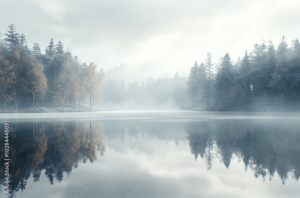 A serene lake surrounded by dense fog A serene lake surrounded by dense fog