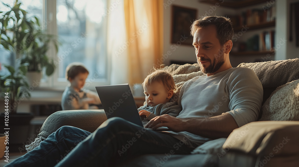 Father is working from his home office using a laptop while his young children are playing Father is working from his home office using a laptop while his young children are playing