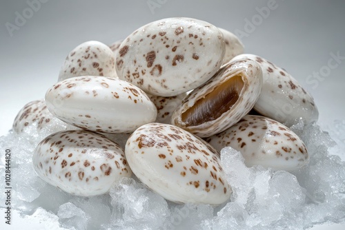 Pile of spotted babylon in ice. It is a single shell and quite thick oval, Smooth surface, The shell has a white background and a large brown rectangular - generative ai photo