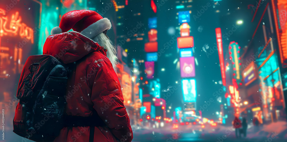 Glamorous Santa Claus in dark glasses in neon color on the background of a large and modern city. The concept of Christmas and New Year Glamorous Santa Claus in dark glasses in neon color on the background of a large and modern city. The concept of Christmas and New Year