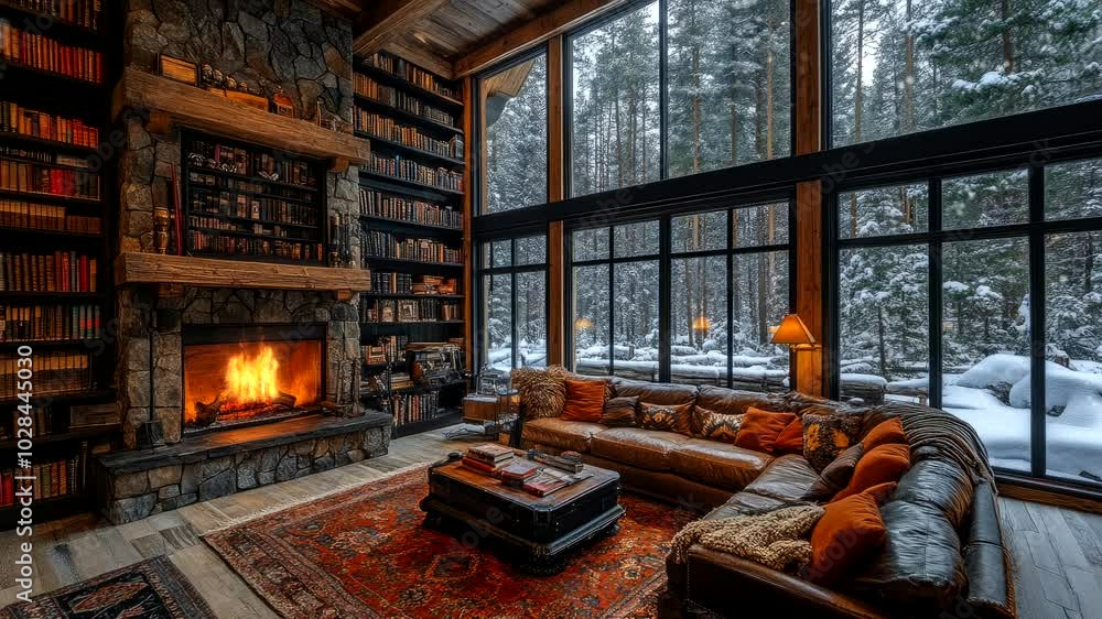 Cozy living room with a fireplace, bookshelves, and snowy forest view. Seamless looping 4k video animation background Cozy living room with a fireplace, bookshelves, and snowy forest view. Seamless looping 4k video animation background