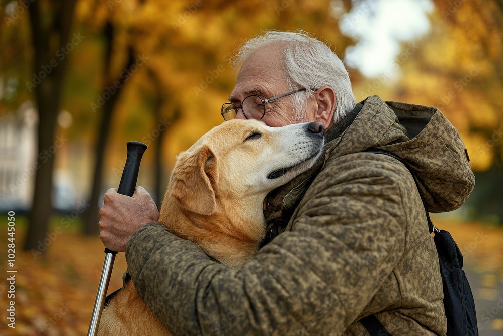 Blind Man Embracing Guide Dog in Autumn Park Blind Man Embracing Guide Dog in Autumn Park
