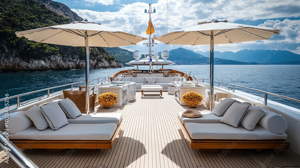 A luxurious yacht with white loungers and parasols on the deck.