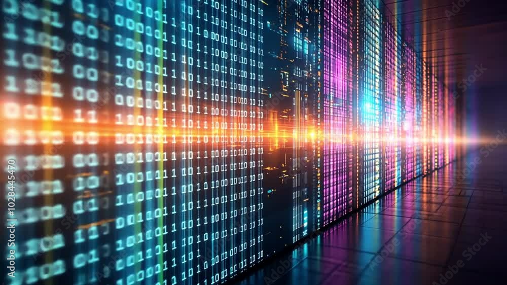 Digital binary code cascading along a high-tech data corridor. Digital binary code cascading along a high-tech data corridor.