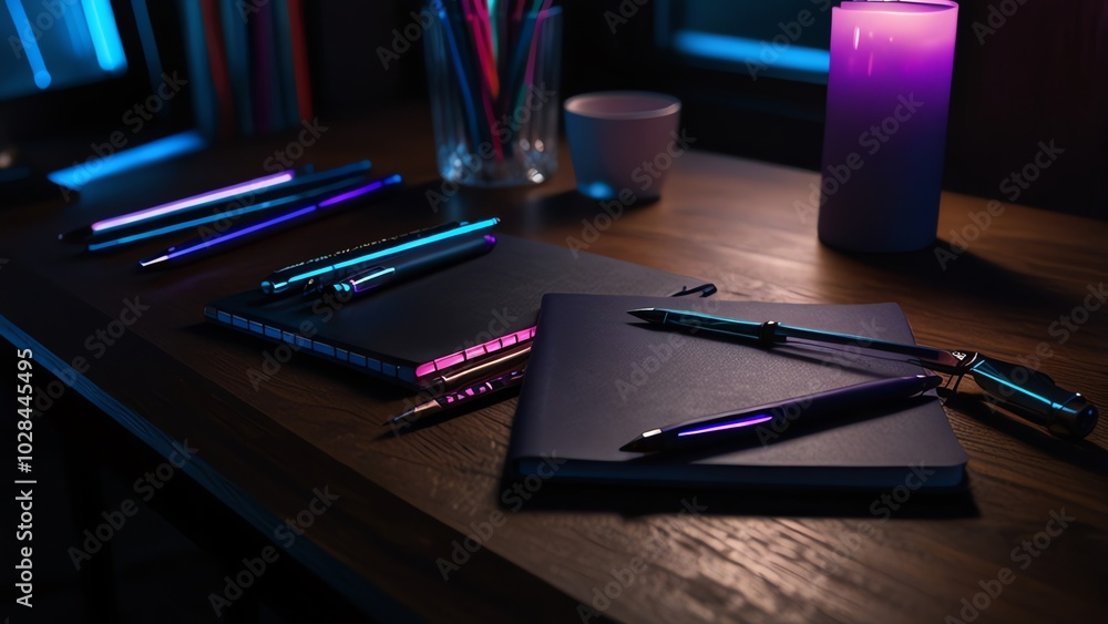 a notebook with a pen and a pen on it next to a purple pen. a notebook with a pen and a pen on it next to a purple pen.