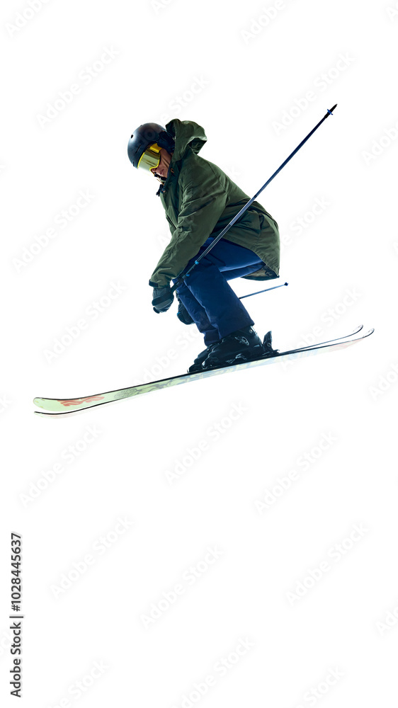 Leaping mid-air, skier bends slightly forward, maintaining balance and control. Thrilling snapshot of high-flying adventure. Concept of extreme winter sports, vacation, holidays, speed, recreation. Ad Leaping mid-air, skier bends slightly forward, maintaining balance and control. Thrilling snapshot of high-flying adventure. Concept of extreme winter sports, vacation, holidays, speed, recreation. Ad