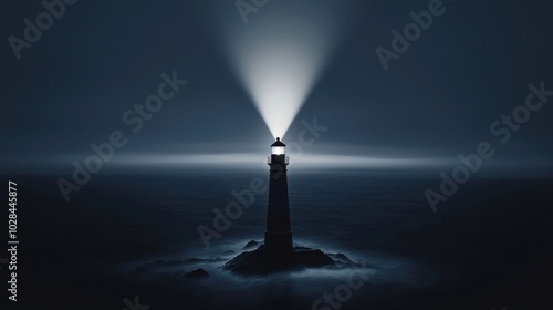 Visionary Lighthouse: An abstract lighthouse beaming a bright, focused light over a dark ocean of obstacles, symbolizing clear vision leading to success photo