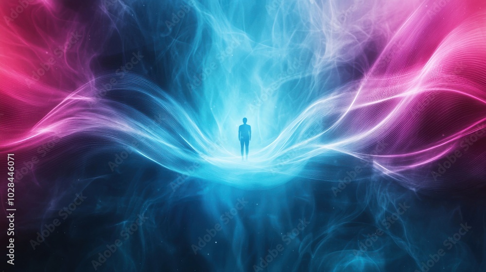 Waves of Positivity: Flowing waves of energy in different hues of blue and pink, surrounding a figure in the center, representing the constant flow of positivity around and within the person Waves of Positivity: Flowing waves of energy in different hues of blue and pink, surrounding a figure in the center, representing the constant flow of positivity around and within the person