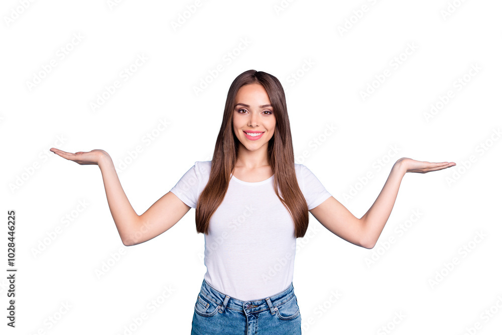Portrait of confident lady advertising promotion wearing white t-shirt denim jeans isolated over blue background Portrait of confident lady advertising promotion wearing white t-shirt denim jeans isolated over blue background
