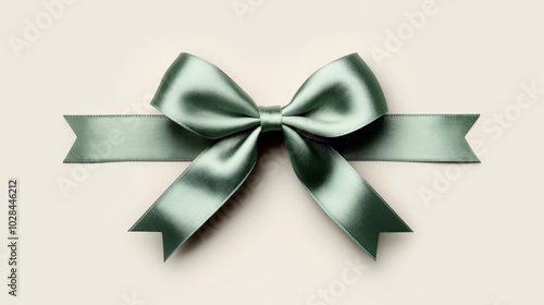 Elegant green satin ribbon bow with tails on a neutral background, suitable for gift wrapping or decoration.