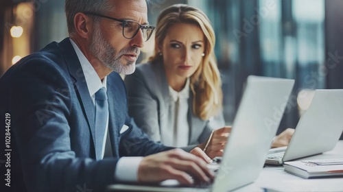 Two busy professional executive team business people working together on business finances analysis looking at computer at office meeting. Professional manager consulting corporate client using lapto