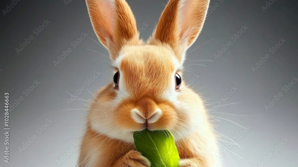 Obraz premium Adorable baby rabbit bunny eating vegetable sitting on green grass spring time over bokeh nature background. Cuddly furry rabbit eat fresh vegetable at outdoor. Easter animal concept.