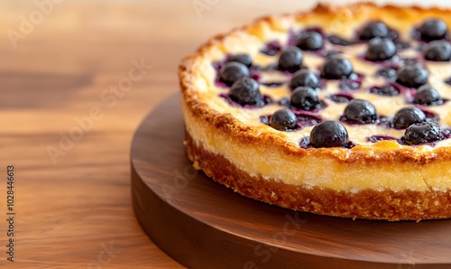 Blueberry pie placed on a wooden surface with a brown plate, Generative AI 