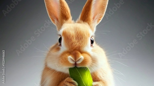 Adorable baby rabbit bunny eating vegetable sitting on green grass spring time over bokeh nature background. Cuddly furry rabbit eat fresh vegetable at outdoor. Easter animal concept.