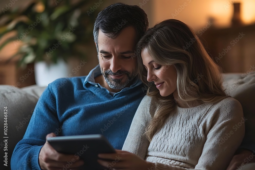 Couple Shares Intimate Moment While Using Tablet on Cozy Sofa Couple Shares Intimate Moment While Using Tablet on Cozy Sofa