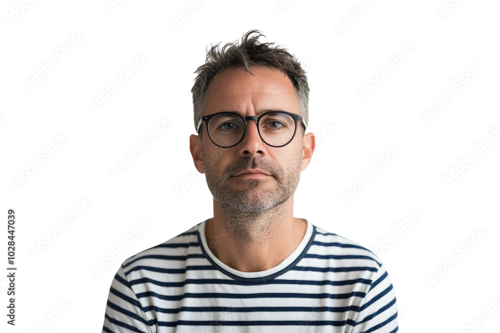 Portrait of a man in glasses showing a contemplative expression in a striped t-shirt on a transparent background Portrait of a man in glasses showing a contemplative expression in a striped t-shirt on a transparent background