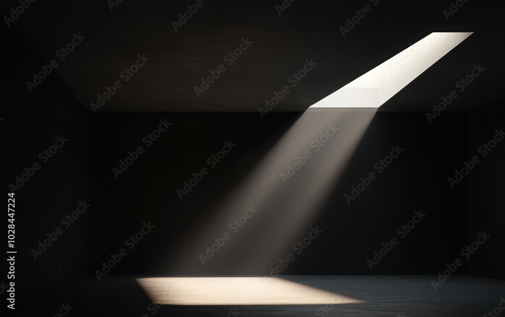 A sleek 3D ceiling lamp casting a concentrated beam of light, breaking through the darkness in a minimalist space A sleek 3D ceiling lamp casting a concentrated beam of light, breaking through the darkness in a minimalist space