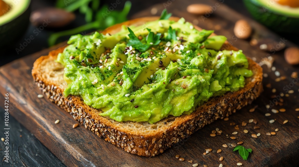 A slice of avocado toast on a wooden board. A slice of avocado toast on a wooden board.