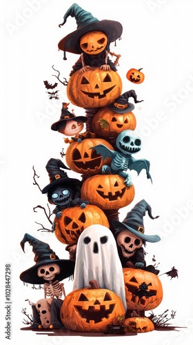 A scene of Halloween joy with skeletons, carved pumpkins, ghosts, bats, and witches, symbolizing a fun and spooky holiday celebration. photo