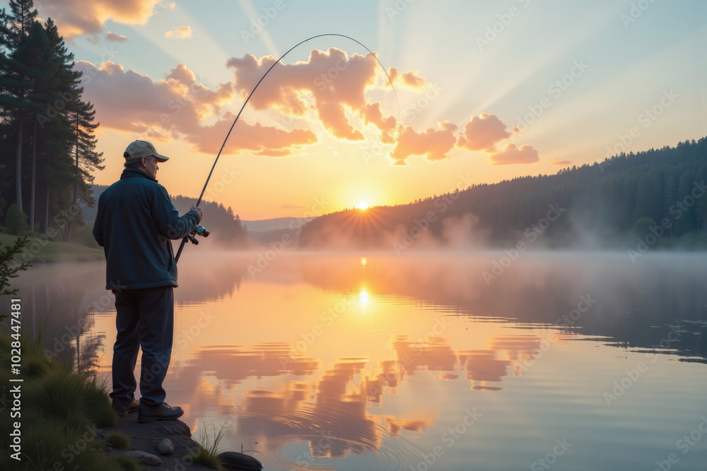 Fisherman casting fishing rod at sunrise over misty lake Fisherman casting fishing rod at sunrise over misty lake