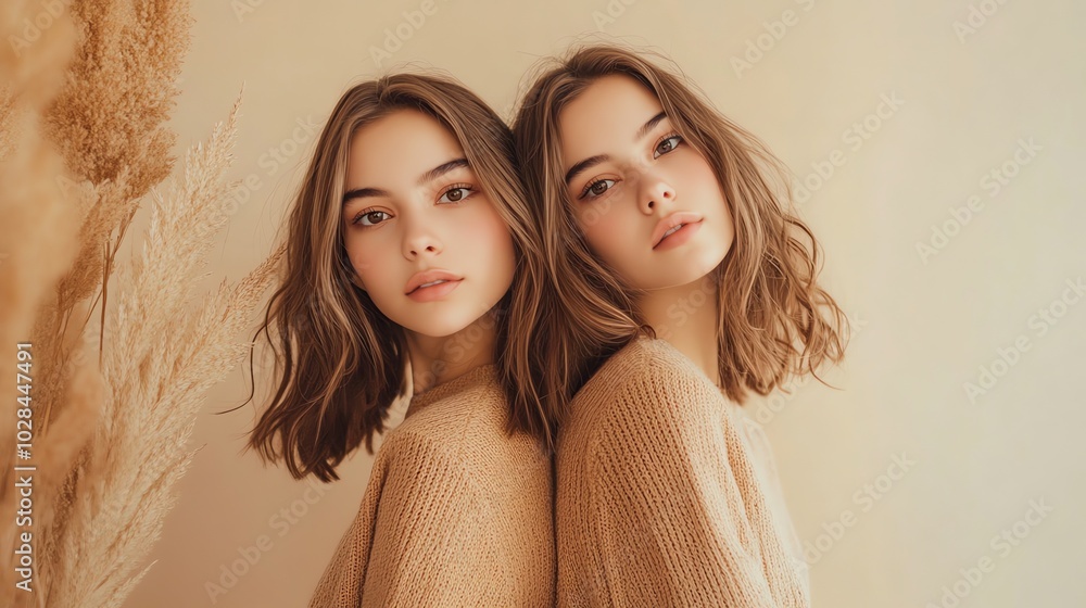 Two young women with similar features and long hair are looking at the camera. Two young women with similar features and long hair are looking at the camera.