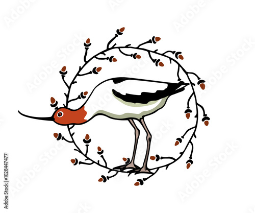 Vector illustration of hand drawn cute Red-necked Avocet in floral vintage wreath of oak branches. Beautiful animal design elements, ink drawing, logo template