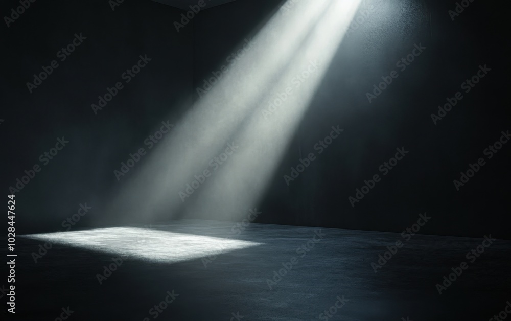 Dark room illuminated by a 3D ceiling spotlight, creating soft light and shadows for a cinematic atmosphere Dark room illuminated by a 3D ceiling spotlight, creating soft light and shadows for a cinematic atmosphere