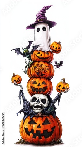 A scene of Halloween joy with skeletons, carved pumpkins, ghosts, bats, and witches, symbolizing a fun and spooky holiday celebration. photo