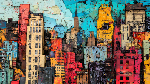 A Whimsical Cityscape Interpretation Through Torn Art, Showcasing Intricate Layers of Colorful Paper Creating a Playful Urban Environment