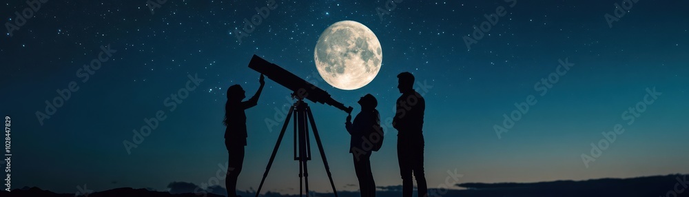 Silhouetted trio observing radiant moon through telescope, night sky close up, focus on, copy space vivid starry backdrop, Double exposure silhouette with cosmic exploration Silhouetted trio observing radiant moon through telescope, night sky close up, focus on, copy space vivid starry backdrop, Double exposure silhouette with cosmic exploration