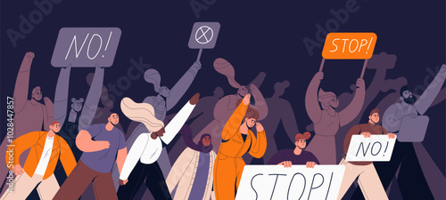 Public meeting against smth with banners at night. Activists crowd of with Stop signs in protest, picket. People with placards at street demonstration for rights equality. Flat vector illustration