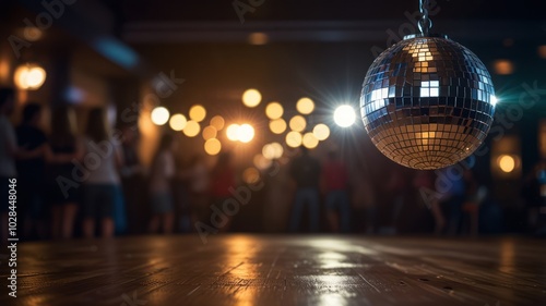 A disco ball hangs above a dance floor with people dancing in the background. photo