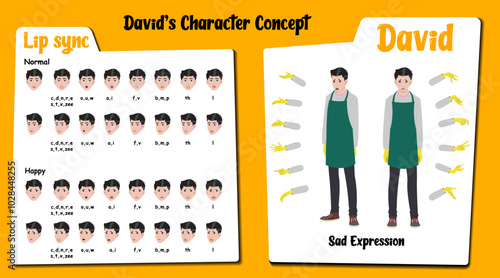 A sad housekeeper cartoon character AKA David. Caretaker cartoon vector character. Sad face expressions and lip sync. Set of caretaker with various hand gesture and front and 1/3 standing pose.