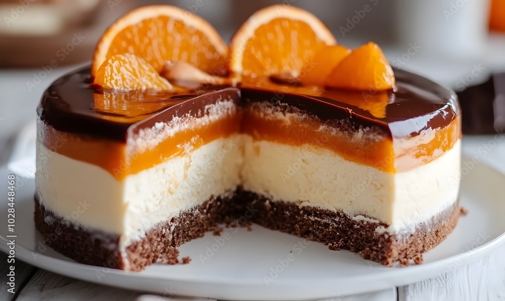 sliced orange caramel mousse cake with cream cheese mascarpone and chocolate glaze, Generative AI sliced orange caramel mousse cake with cream cheese mascarpone and chocolate glaze, Generative AI