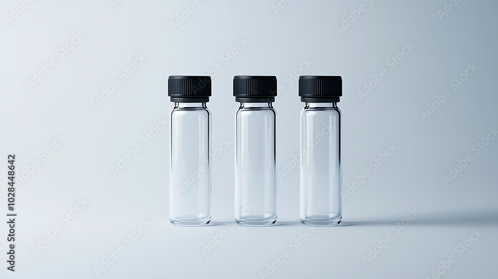 Minimalist Glass Vials with Black Caps on Light Gray Background Minimalist Glass Vials with Black Caps on Light Gray Background