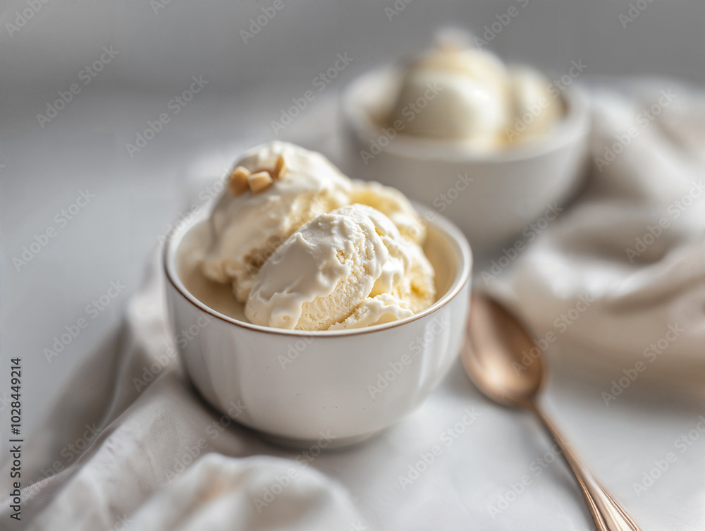Coppe di gelato alla mandorla e vaniglia con palline e granella, cucchiaino e tovagliolo sfocati sul piano del tavolo grigio chiaro, profondità di campo ridotta Coppe di gelato alla mandorla e vaniglia con palline e granella, cucchiaino e tovagliolo sfocati sul piano del tavolo grigio chiaro, profondità di campo ridotta