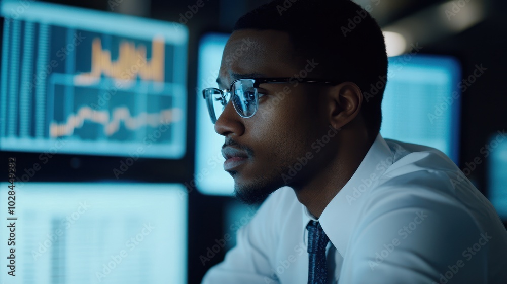 A Man in a White Shirt and Glasses Looking at Computer Screens A Man in a White Shirt and Glasses Looking at Computer Screens